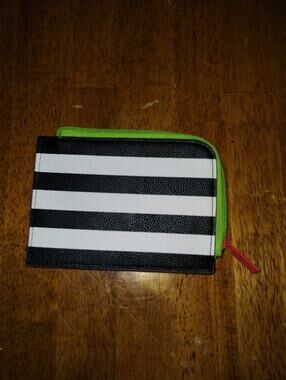 Sephora Striped Zip Around Card Holder Wallet Black White Green Small